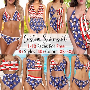 May include: Custom swimsuit with a red, white, and blue American flag pattern. The swimsuit features a variety of styles, including a bikini top and bottom, a one-piece swimsuit, and a tankini. The swimsuit is available in sizes XS-5XL and can be customized with 1-10 faces for free.