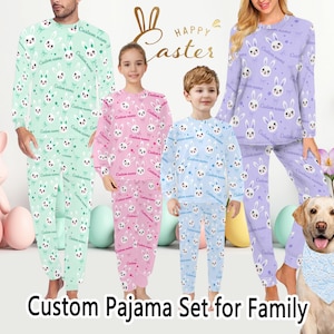 Pijama de Pascua personalizado con nombre, pijama familiar a juego, pijama de conejito, conjuntos de Pascua para niños y adultos. imagen 2