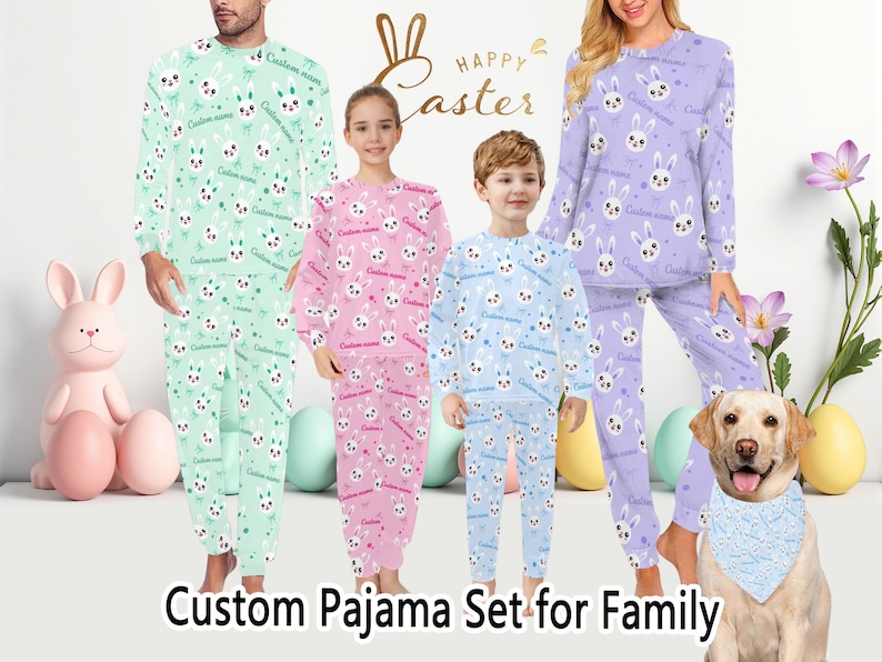 Pijama de Pascua personalizado con nombre, pijama familiar a juego, pijama de conejito, conjuntos de Pascua para niños y adultos. imagen 2