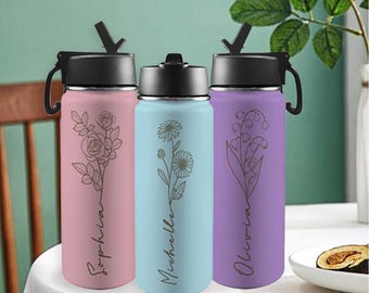 Custom Birth Flower Water Bottle w Straw Lid & Handle, Personalized Name Sport Bottle, Floral Stainless Steel Insulated Water Bottle 18 Oz