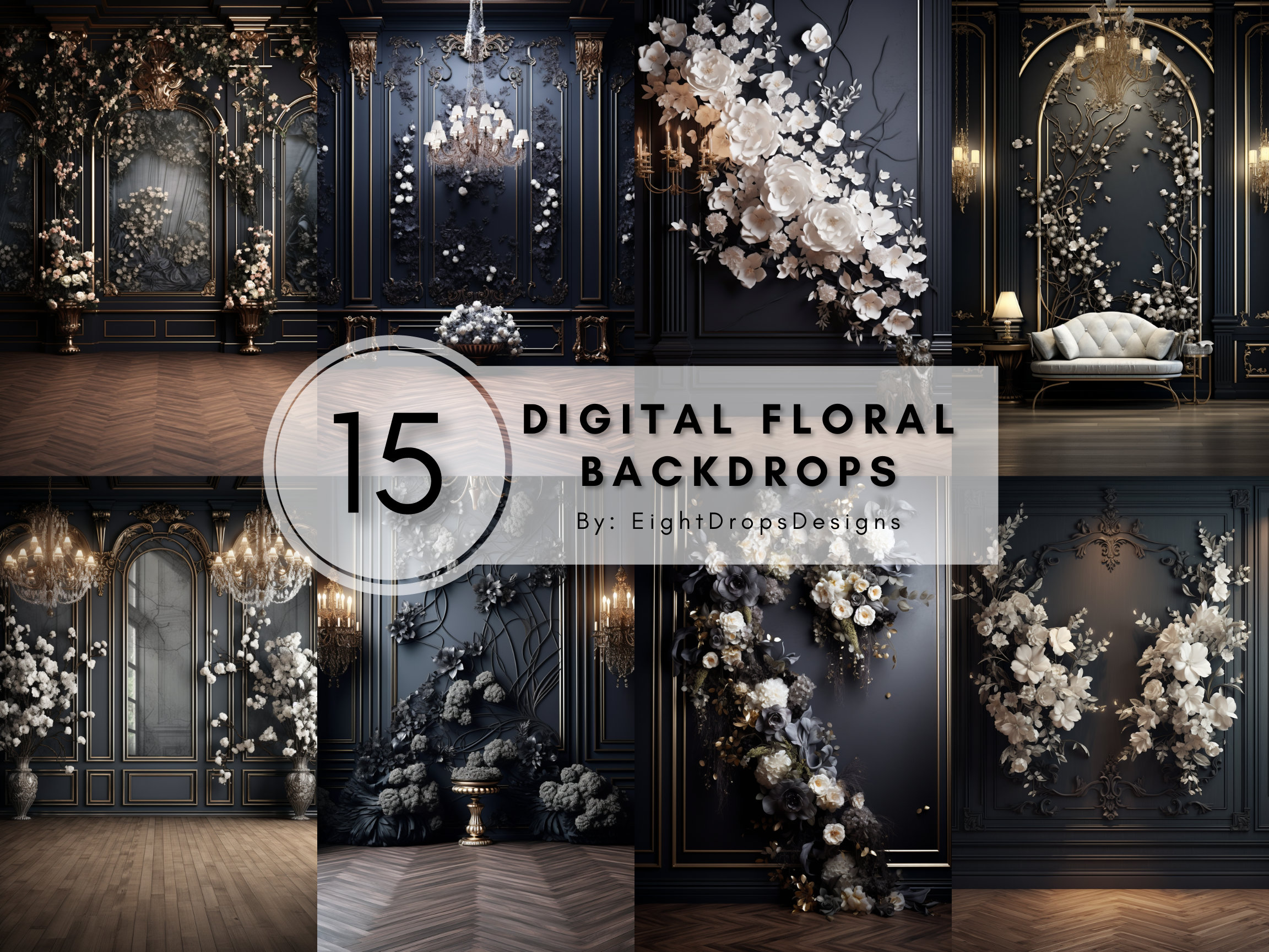15 Digital Backdrops, Black Floral Backdrop, Maternity Backdrop ...