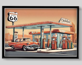 Route 66 1950s Gas Station Retro Car Prints American Car - Etsy