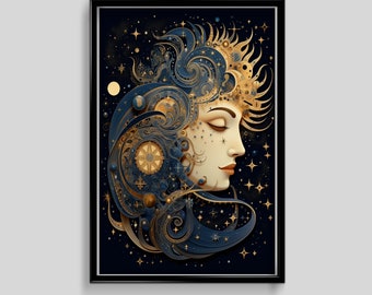 Fantasy art, Celestial Print, Magical,  Mystical Art, Modern Wall Art, Home Decor,   Popular Prints, Mystical print, Sun Print, Moon Print