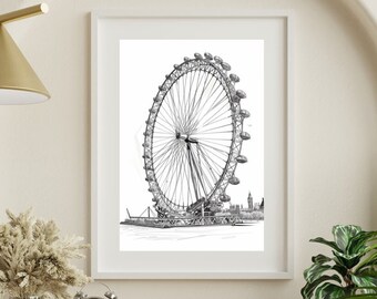 Impresión de boceto a lápiz de London Eye, impresión del horizonte de la ciudad, arte de pared, impresión de arte moderno, arte moderno, monumentos de Londres, imágenes de Londres