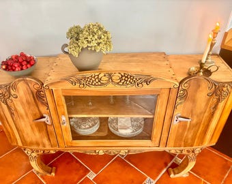 Gerestaureerd art nouveau eiken dressoir | Handgesneden bloemenbuffettop