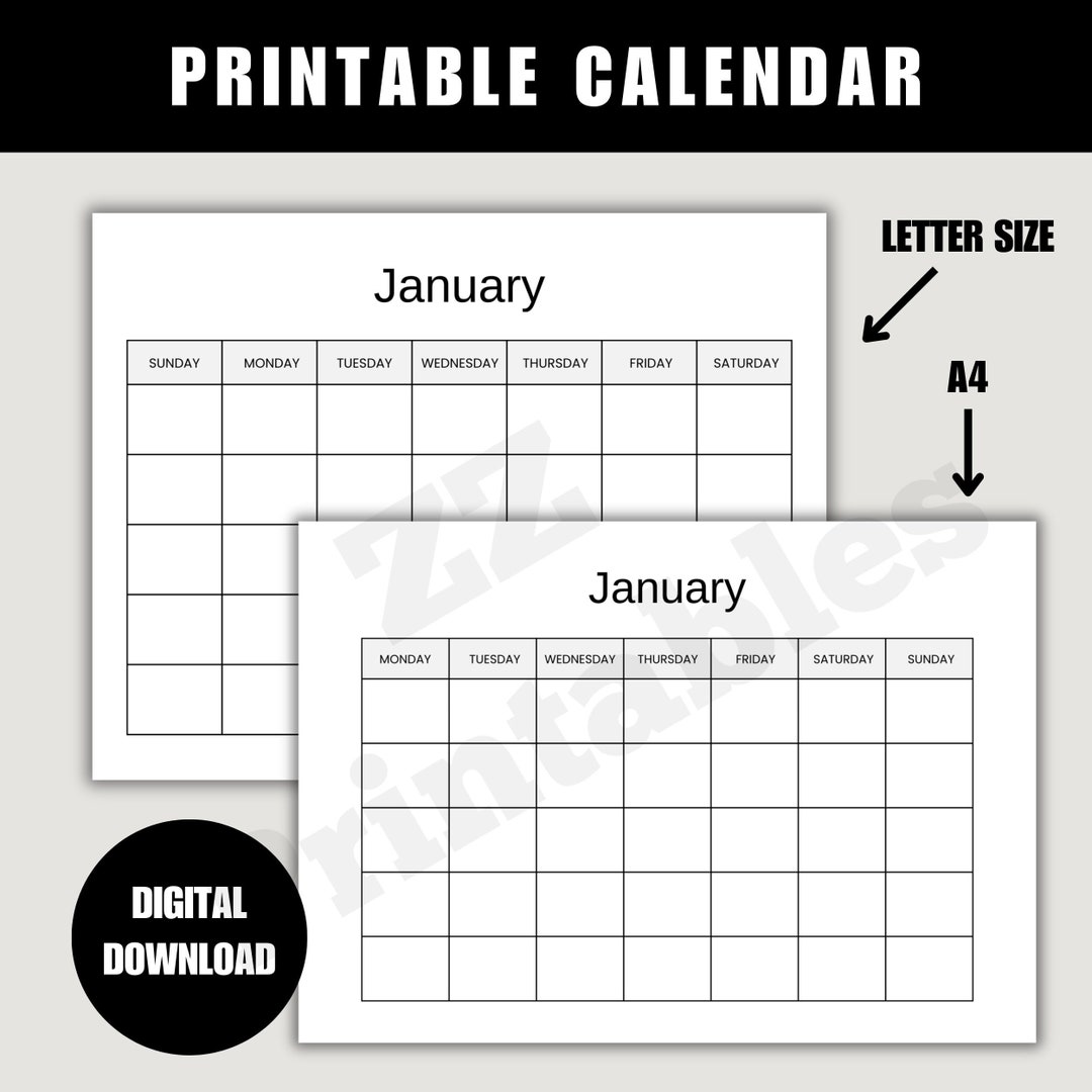 Horizontal Printable Undated Black White Monthly Blank - Etsy