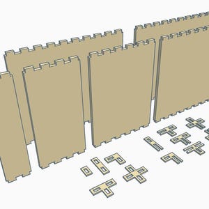 May include: A set of beige cardboard pieces for building a box. The pieces include four large rectangular panels with interlocking edges, and several smaller pieces that form the corners and edges of the box.