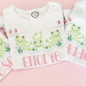 Frog Trio Monogram Shirt. Embroidered Girl Frog Outfit. Girl Spring Embroidered Shirt. Toddler Girl Frog Spring Outfit.