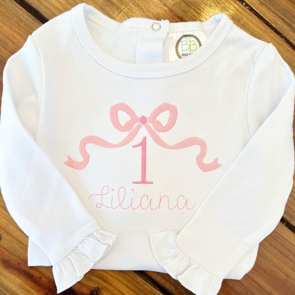 First Birthday Bow Monogram Shirt, Toddler Girl Birthday Outfit, Bow Birthday Bodysuit, Monogram Bubble.