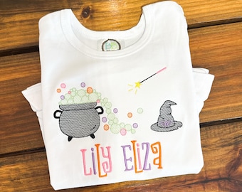 Witch Cauldron Hat Halloween Monogram Embroidered Shirt, Toddler Halloween Outfit, Halloween Bubble, Personalize. Witch Halloween Shirt.
