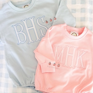 Bitty Dot Appliqué Monogram Sweatshirt Bubble. Monogram Sweatshirt Bubble. Pink Sweatshirt. Blue Sweatshirt.