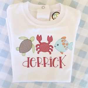 Sea Creatures Monogram Shirt. Embroidered Sea Creatures Outfit. Boy Embroidered Shirt. Toddler Boy Summer Outfit.