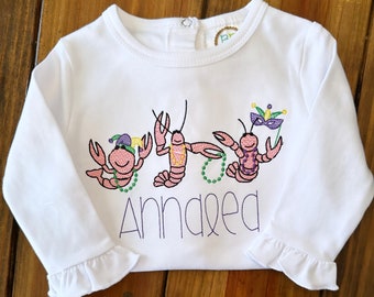 Crawfish Mardi Gras Shirt. Mardi Gras Embroidered Shirt, Monogram shirt, bubble, Bodysuit. Personalized Mardi Gras Shirt. Crawfish Mongram.