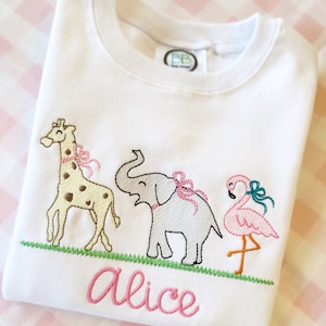 Animal Monogram Embroidered Shirt, Toddler Outfit, Giraffe, Elephant, Flamimgo Monogram bodysuit, Girl Bubble, Personalize