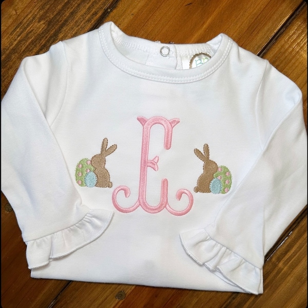 Girl Easter Bunny Monogram Embroidred Shirt, Baby Easter Outfit. Toddler Girl Bunny Outfit, bodysuit, Rabbit Bubble, Personalize