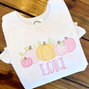 May include: White baby onesie with an embroidered design of a row of pink and orange pumpkins with green vines and leaves. The name "Lola" is embroidered below the pumpkins in pink thread.