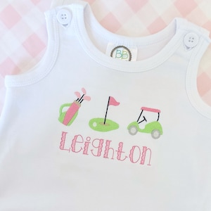 Girl Golf Trio Monogram Shirt, Toddler Girl Outfit, Bodysuit, Golf Bubble, Personalize