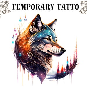 Temporary Tattoo Wolf Wood Watercolor Waterproof Various Sizes AA06