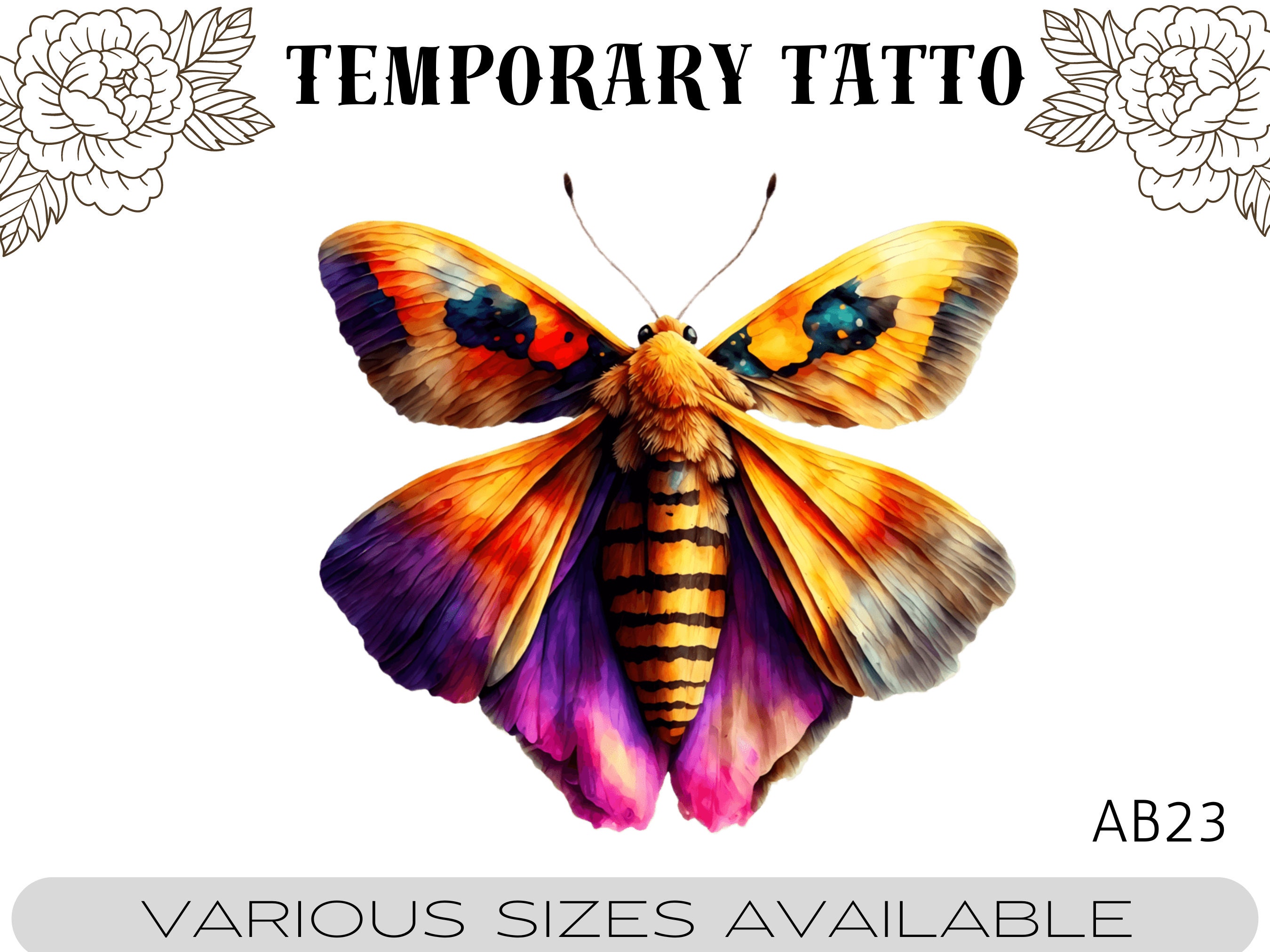 Temporary Tattoo Moth Night Butterfly Bright Watercolor Waterproof Various Sizes AB23