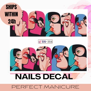 BN-356 Water Transfer Watermark Pretty Designs Art Decal Sticker Stamping Manicure Nail Decoration Epoxy Resin Cartoon women Cat Lollipop