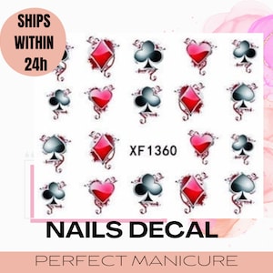 YZW-1360 Transferencia de agua Marca de agua Diseño bonito Etiqueta de arte Etiqueta Estampado Manicura Decoración de uñas Resina epoxi Juego de cartas Símbolo Pico Corazón