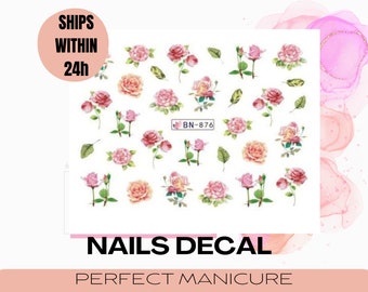 BN-876 Adesivo de transferência de água com design de marca d'água, carimbo para manicure, decoração de unhas, resina epóxi, aquarela, flor, rosa, rosa, folha vermelha