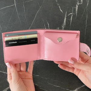 Echtes Rosa Leder Geldbörse mit Münzbox, Lederhandtasche, Leder Geldbörse, Leichte Leder Geldbörse für Damen, Kompakte Leder Umschlag Tasche