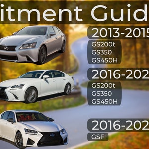 May include: Fitment guide for Lexus GS models.  The guide shows the different model years and trims that are compatible with the product.  The image shows three white Lexus GS sedans.  The text on the image reads "Fitment Guide 2013-2015 GS200t GS350 GS450H 2016-2020 GS200t GS350 GS450H 2016-2020 GSF"