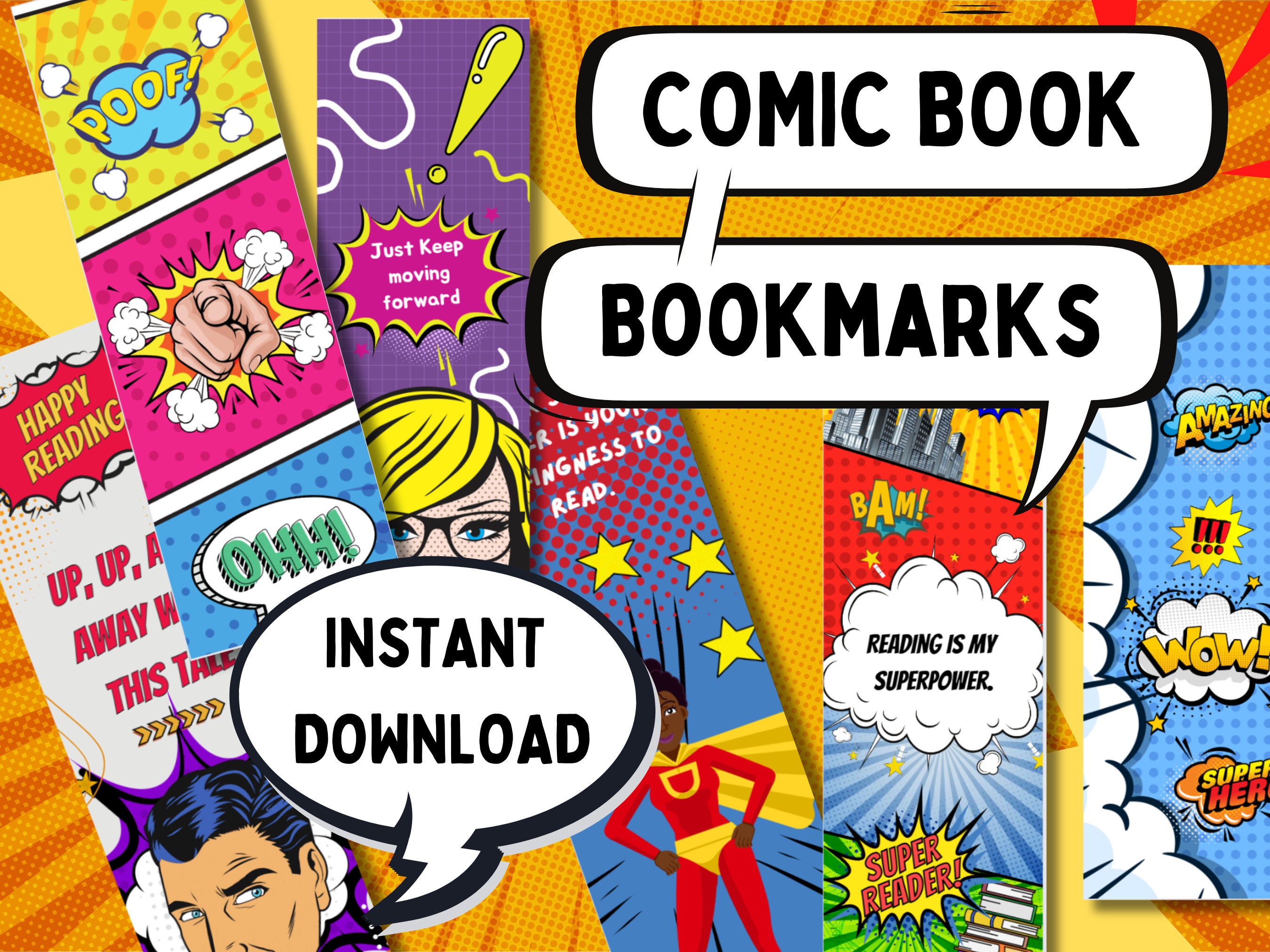 27 Comic Book Theme Bookmarks, 2x6 Inches, Instant Download 