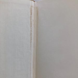 May include: The interior gutter of an open hardcover book showing the binding and endpapers. The paper is off-white with a visible vertical strip of light brown discoloration along the spine fold, indicating age-related tanning or adhesive residue.