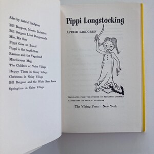 May include: The title page of the book Pippi Longstocking by Astrid Lindgren, featuring a black and white line drawing of the character holding a sword. The page lists the author, translator Florence Lamborn, illustrator Louis S. Glanzman, and publisher The Viking Press, New York, alongside a list of other works by the author.