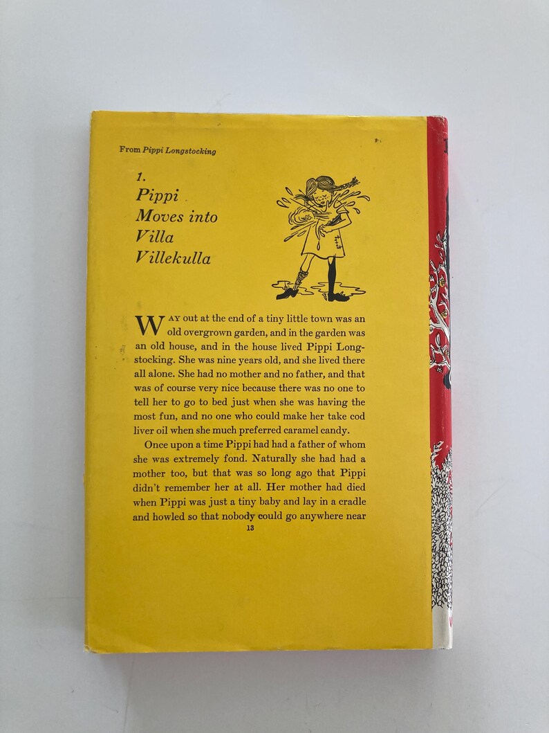 May include: A yellow book cover featuring the text From Pippi Longstocking, 1. Pippi Moves into Villa Villekulla, and a black and white line drawing of a girl with braided hair. The text describes a girl living alone in an old house.