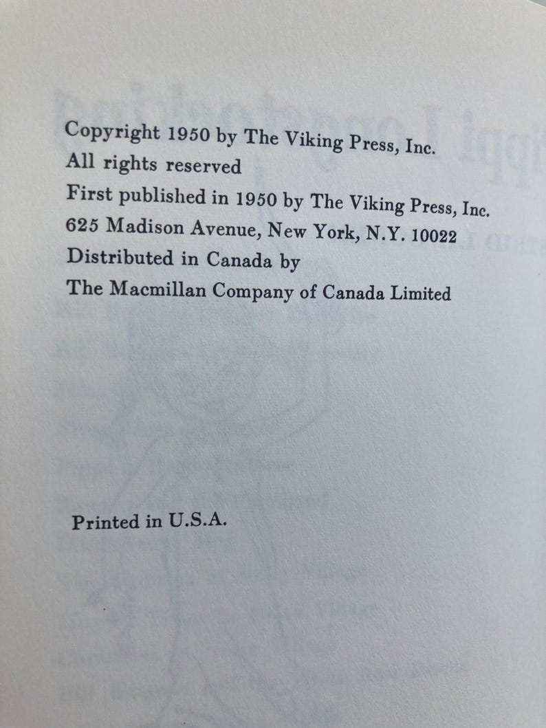 May include: A white book page with black text reading: Copyright 1950 by The Viking Press, Inc. All rights reserved. First published in 1950 by The Viking Press, Inc. 625 Madison Avenue, New York, N.Y. 10022. Distributed in Canada by The Macmillan Company of Canada Limited. Printed in U.S.A.