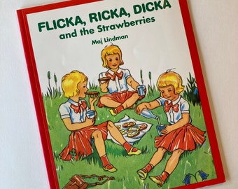 Flicka, Ricka, Dicka and the Strawberries by Maj Lindman, paperback, 1996 reprint, Swedish picture book, summertime children’s book