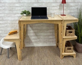 Birch Wood Grow-with-Me Desk with Adjustable Extension Leaf and Side Bookcase