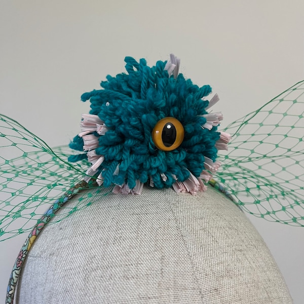 One-Eyed Monster! Halloween Headpiece Handcrafted Pompom with Veiling. Costume with Spooky Eye! Multicoloured Creature from Lands Unknown...