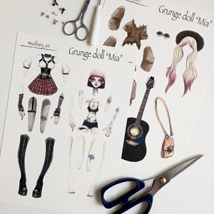 Articulated Paper Doll Prints  - Grunge Doll Mia with two outfits – Instant Download