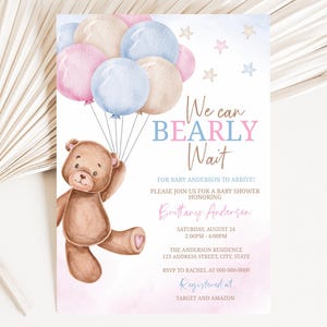 Teddy Bear Balloons Baby Shower Invitation | Shower Invitation | Gender Neutral | Bear Baby Shower Template | Instant Download | A0009