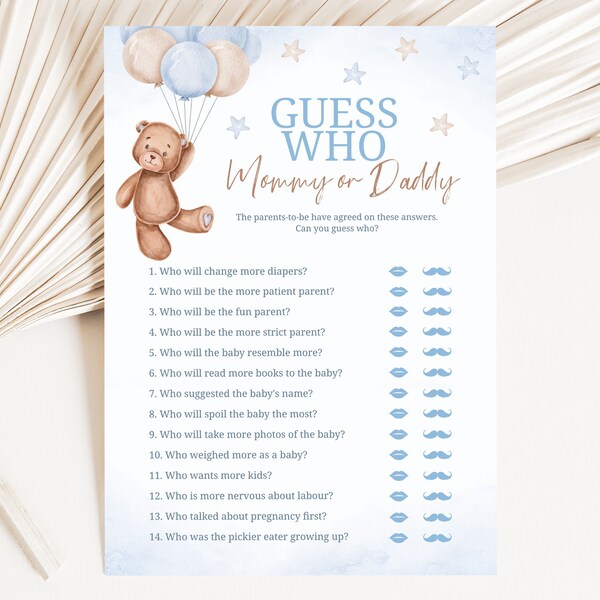 Teddy Bear Balloons Baby Shower Guess Who Mommy or Daddy Game Printable Boy Bear Baby Shower Instant Download A0002 (JPG file only)