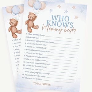 Chi conosce il miglior gioco della mamma / Gioco del baby shower con palloncini dell&#39;orsacchiotto / Gioco del baby shower della mamma / Gioco del baby shower dell&#39;orsacchiotto del bambino / Download immediato A0002