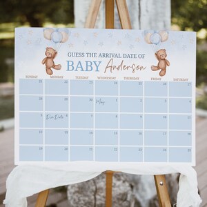 Teddybär-Ballons Babyparty Fälligkeitsdatum Kalender Spiel Bearbeitbare druckbare Junge-Babyparty-Spielvorlage A0002 (nur digitale Datei)