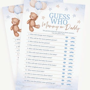 Guess Who Game | Teddy Bear Balloons Baby Shower Game | Mommy or Daddy Game | Boy Teddy Bear Shower Game | Instant Download | A0002