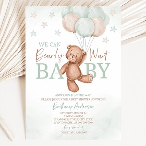 Teddy Bear Balloons Baby Shower Invitation | Shower Invitation | Gender Neutral | Bear Baby Shower Template | Instant Download | A0007