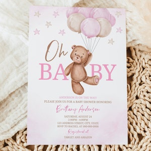 Invito per baby shower con palloncini orsetto di peluche, stampabile, modello modificabile per baby shower con palloncini orsetto rosa A0003 (solo file digitale)