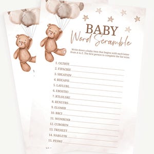 Baby Word Scramble Game | Teddy Bear Balloons Baby Shower Game | Baby Word Game | Unisex Teddy Bear Shower Game | Instant Download | A0004