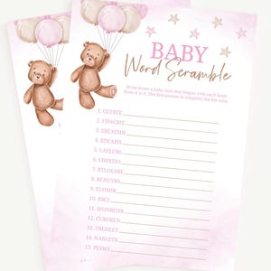 Baby Word Scramble Game | Teddy Bear Balloons Baby Shower Game | Word Match Game | Girl Teddy Bear Shower Game | Instant Download | A0003