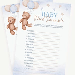 Baby Word Scramble Game | Teddy Bear Balloons Baby Shower Game | Baby Word Game | Boy Teddy Bear Shower Game | Instant Download | A0002