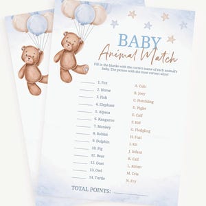 Baby Animal Match Game | Teddy Bear Balloons Baby Shower Game | Animal Match Game | Boy Teddy Bear Shower Game | Instant Download | A0002