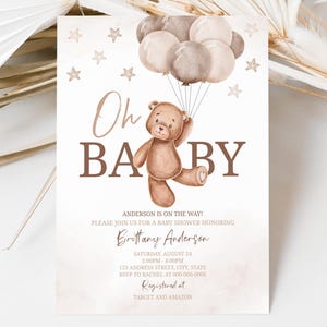 Teddy Bear Balloons Baby Shower Invitation | Shower Invitation | Invitation Template | Bear Baby Shower Template | Instant Download | A0004