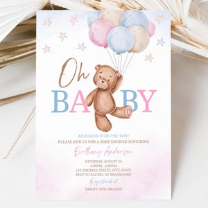 Teddy Bear Balloons Baby Shower Invitation | Shower Invitation | Gender Neutral | Bear Baby Shower Template | Instant Download | A0009